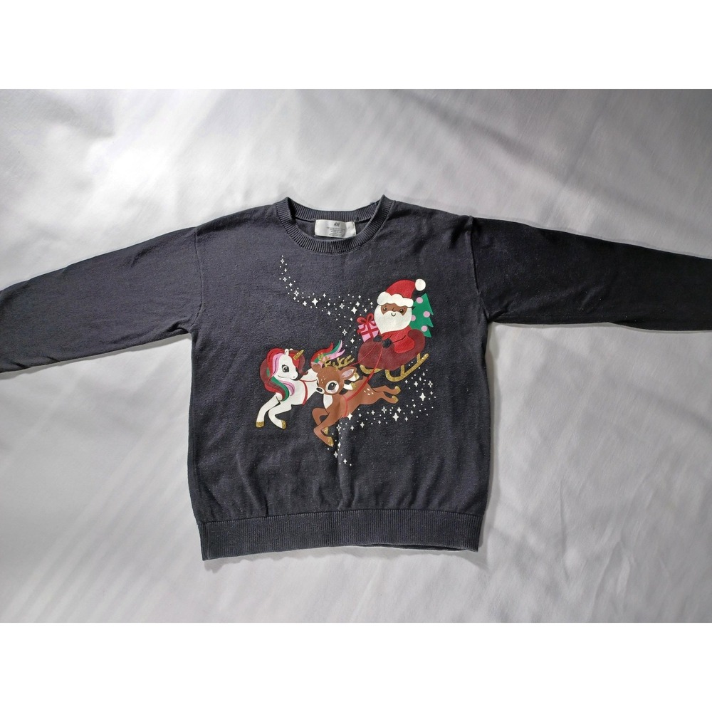 H&M Sweater Girls 6-7 Black Christmas Santa Reindeer Unicorn Crewneck Pullover